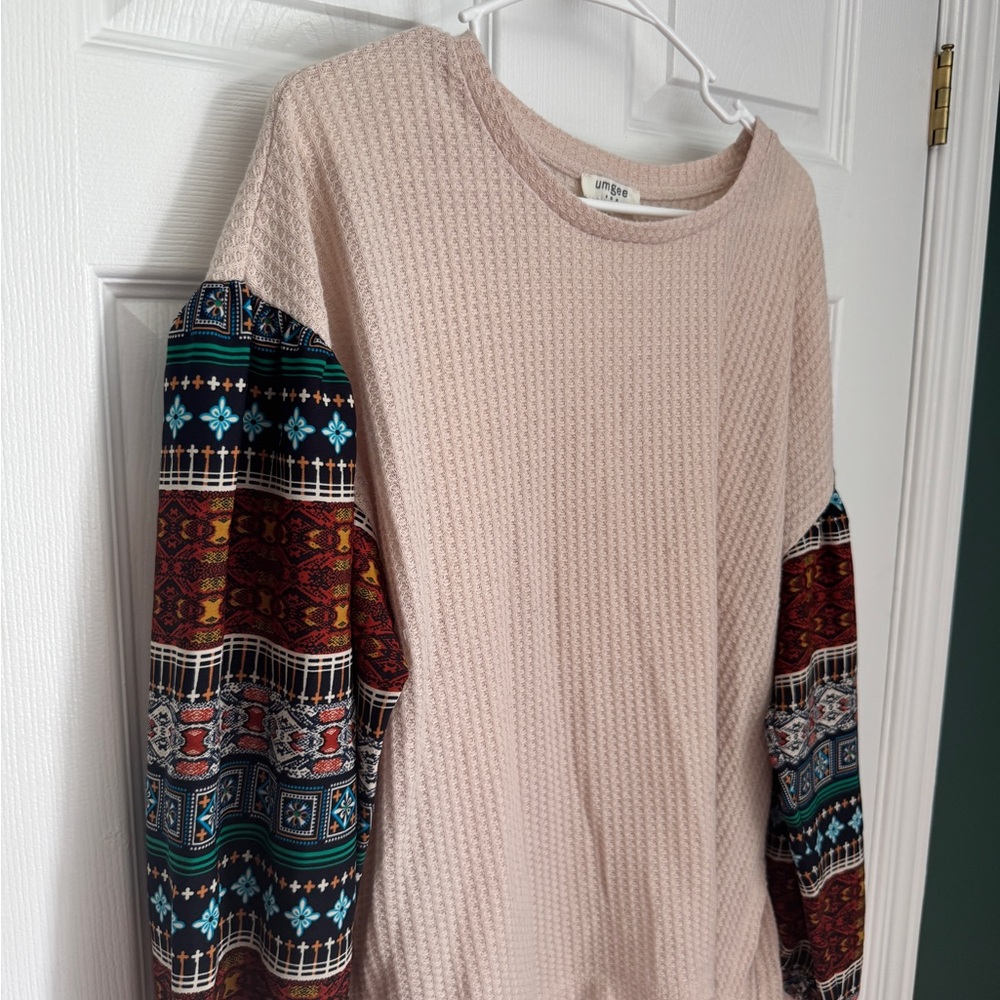 Umgee Cream Crew Neck Sweater with Patterned Sleeves